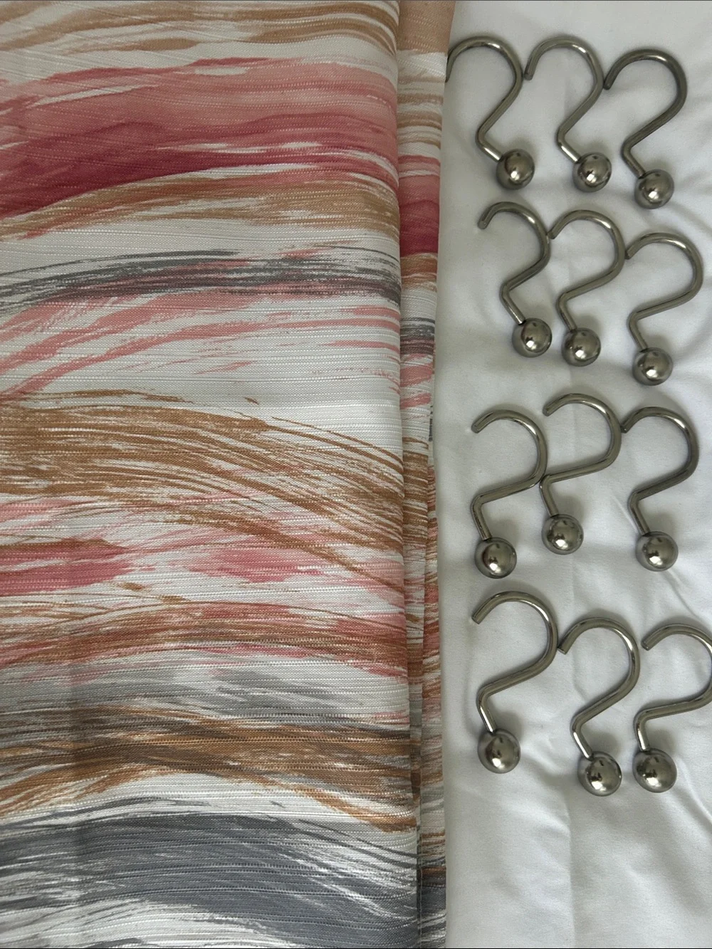 Shower Curtain fabrics white gray, taupe with silver rings. Mainstay, pre owned